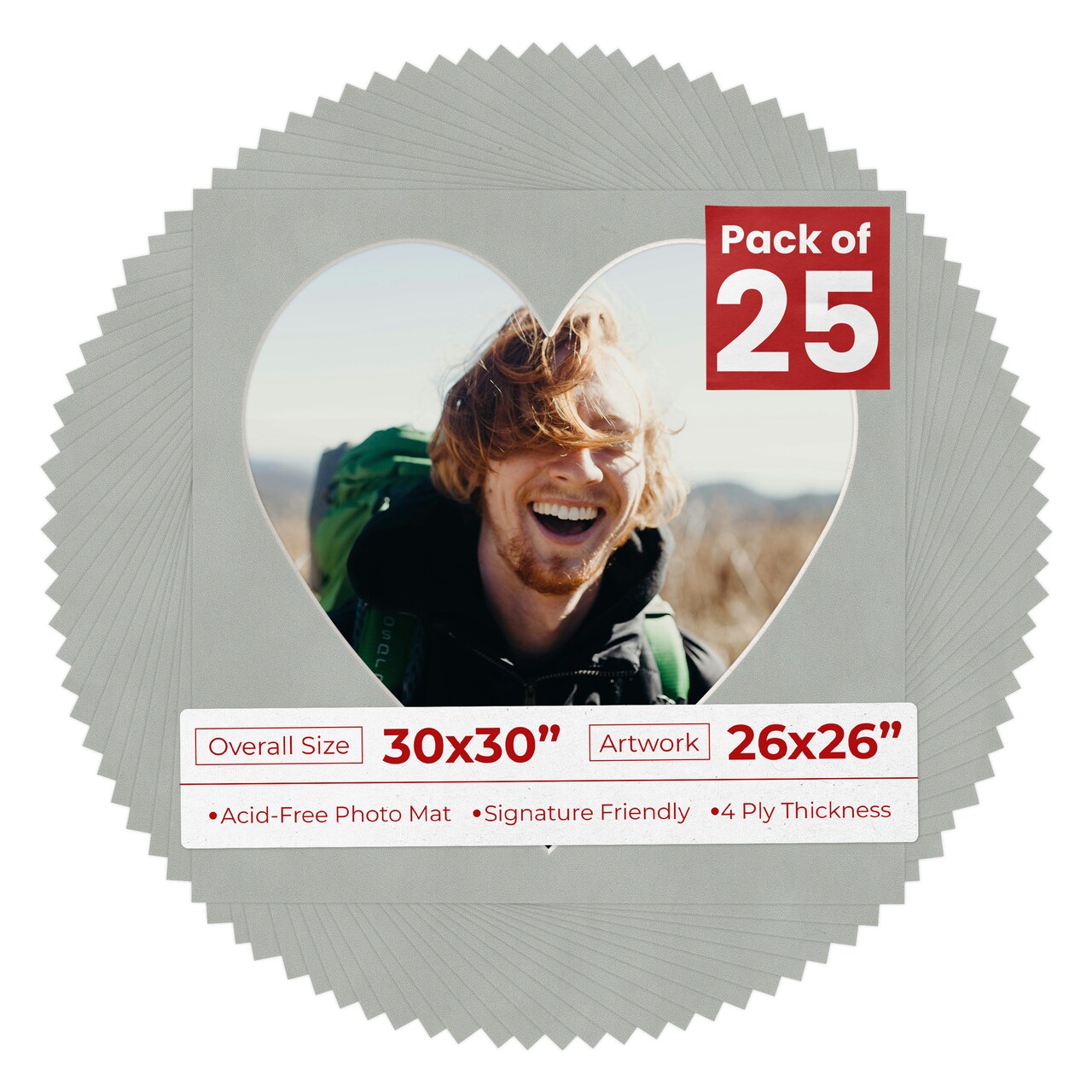 Light Grey Suede Mat Board for 30x30 Frames - Heart Opening for 26x26 Photos